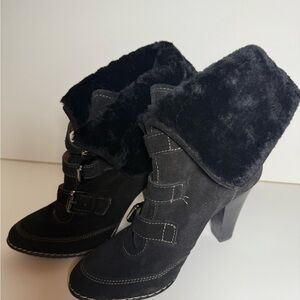Sofft Black Heeled Boots with Faux Fur Trim